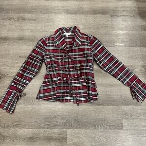 Samuel Dong Silk Top‎ Womens Size Small Holiday Christmas Plaid Tie Front Red